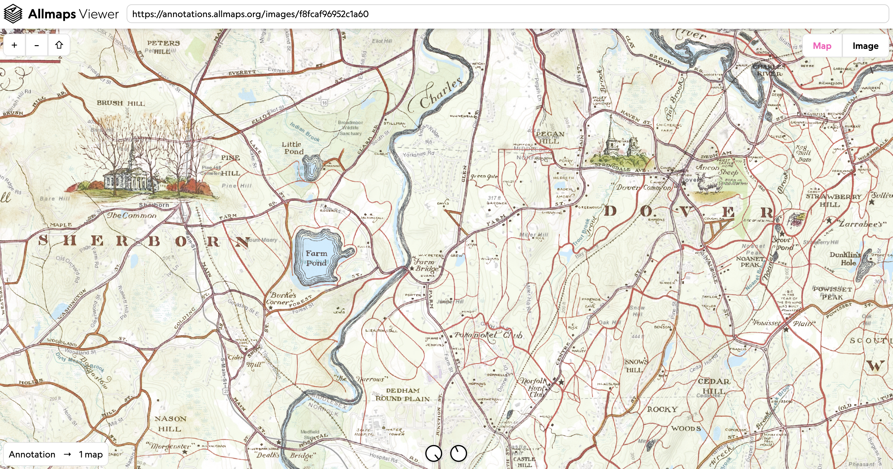  **Viewing the [1934 map of Massachusetts townships](https://collections.leventhalmap.org/search/commonwealth:q524n357v) in Allmaps Viewer** 