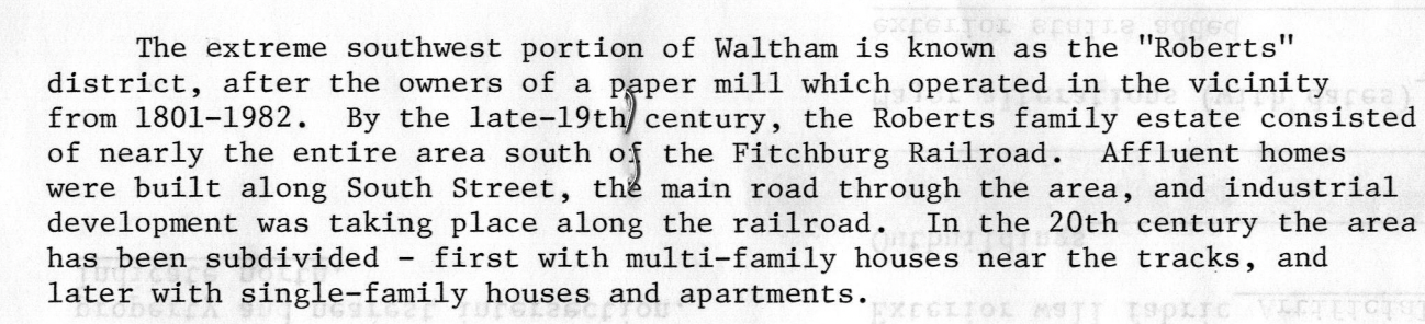 An account of the &ldquo;Roberts&rdquo; district and the Roberts Paper Mill, from MACRIS